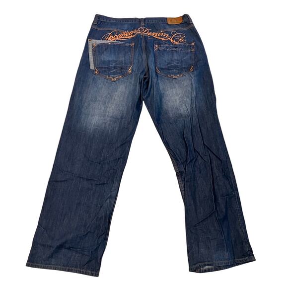 Y2K Rocawear Jeans 38 Big Spellout Medium Wash Streetwear Baggy Hip Hop Pants